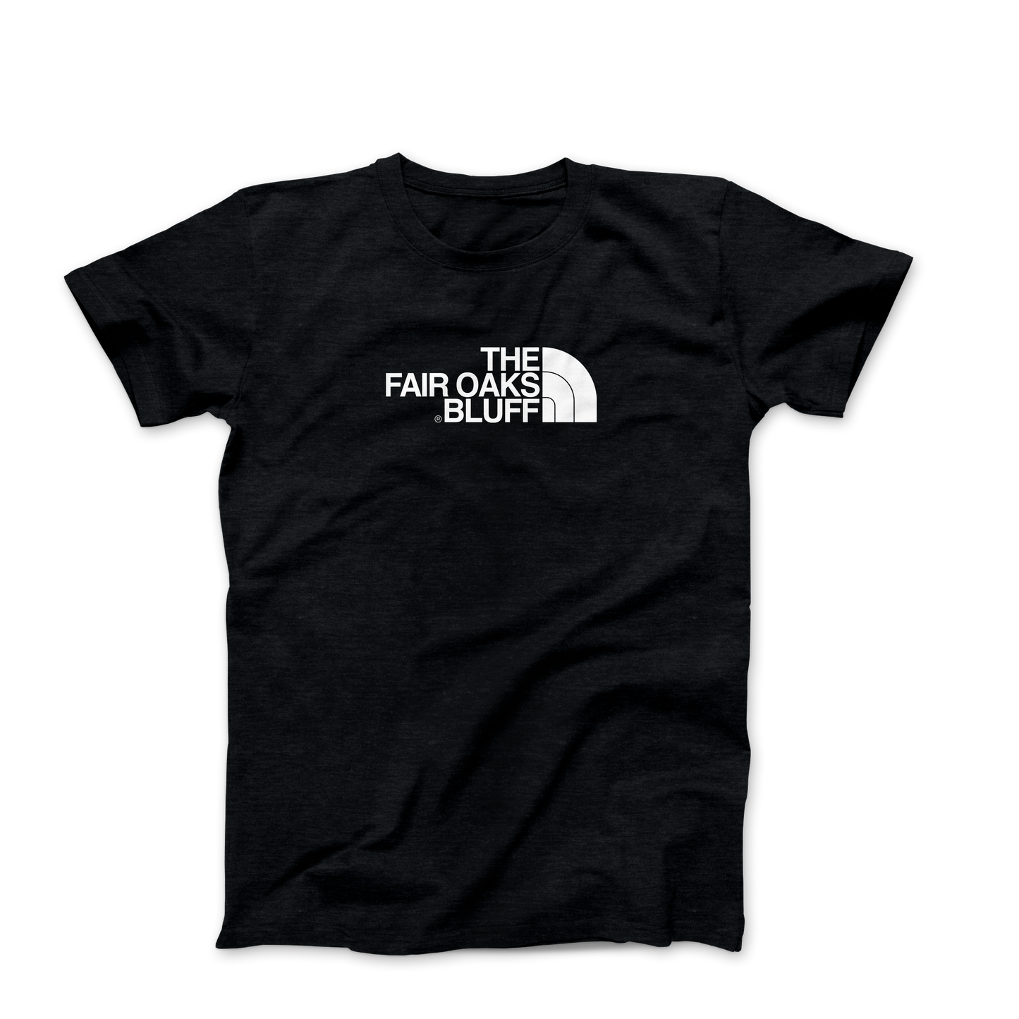 Black t-shirt with 'The Fair Oaks Bluff' text and logo on a white background