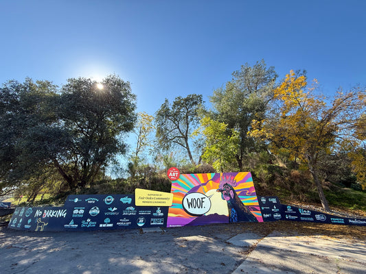 The No Barking Lot Fair Oaks Art Wall - Outdoor mural backdrop banner set in a park with trees and blue sky. The central colorful panel features a dog illustration and the word 'WOOF' inside a speech bubble, with multiple sponsor logos displayed along the lower black banners.
