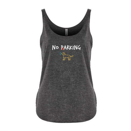 A gray heather tank top with the text 'NO BARKING' and a small illustration of a dog above the text.
