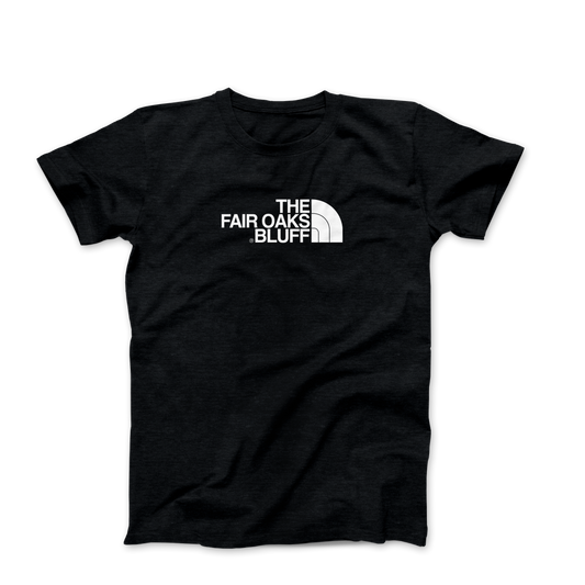 Black t-shirt with 'The Fair Oaks Bluff' text and logo on a white background